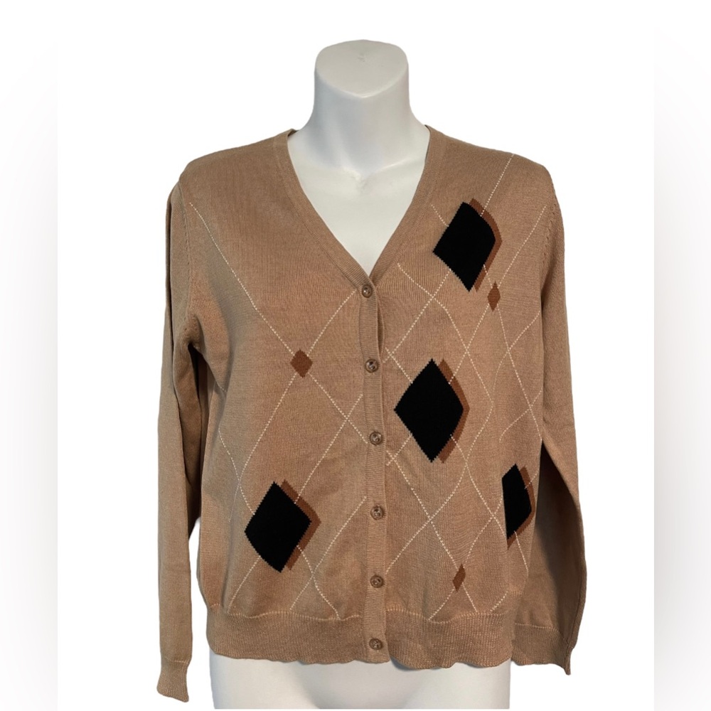 Preswick & Moore Tan Silk Cashmere Diamond Argyle Cardigan Sweater Preppy Small
